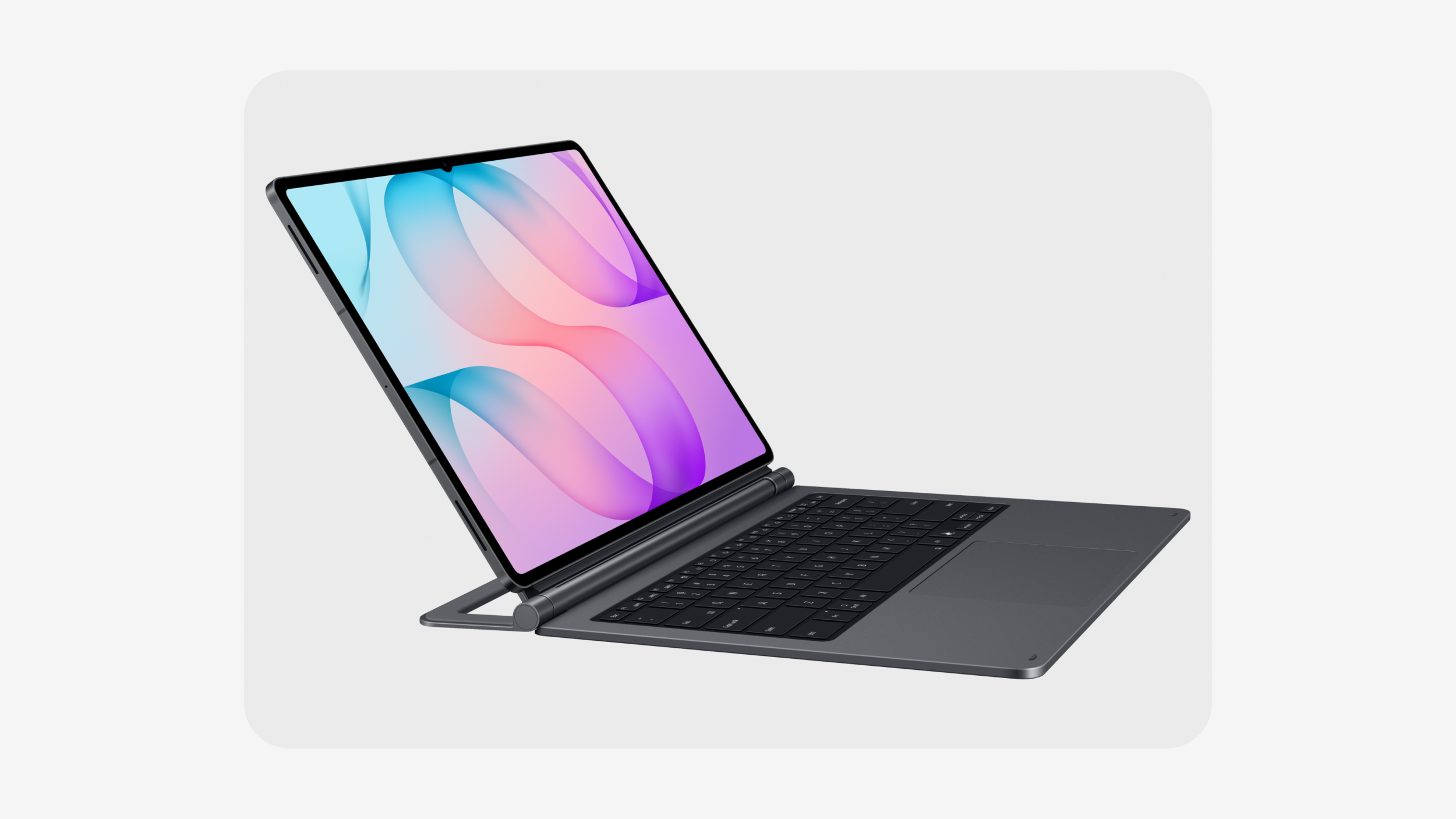 Samsung Galaxy Tab S12シリーズに別売りのPro Keyboardを装着した様子。アルミニウム仕上げでタッチパッド付き