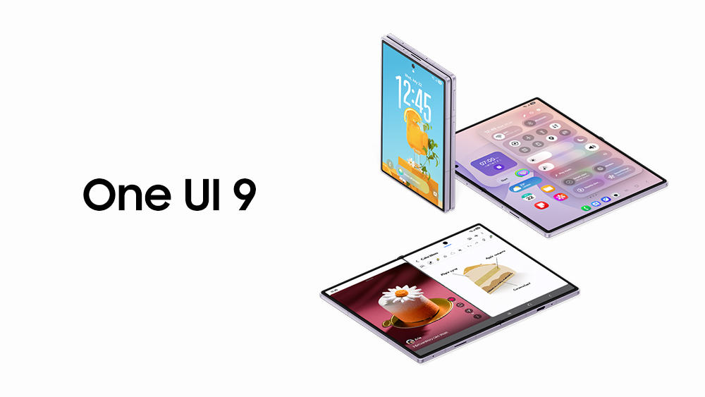 「One UI 9」のロゴと、One UI 9の画面を表示したGalaxyの折りたたみスマートフォン3台