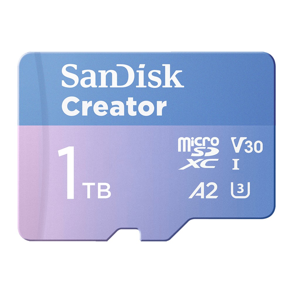 青と紫のラベルのSanDisk Creator microSDカード 1TB