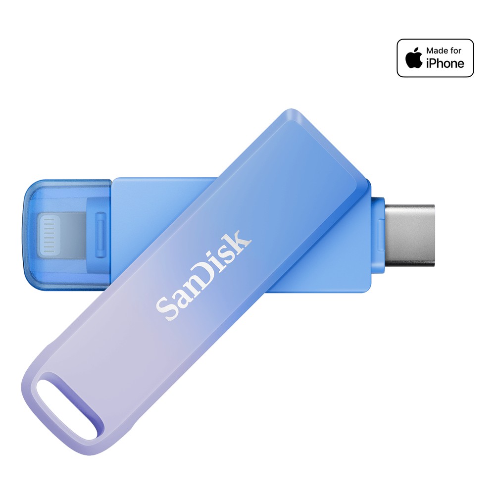 USB-CとLightningの両方の端子を持つ青いSanDisk Creator Phone Drive