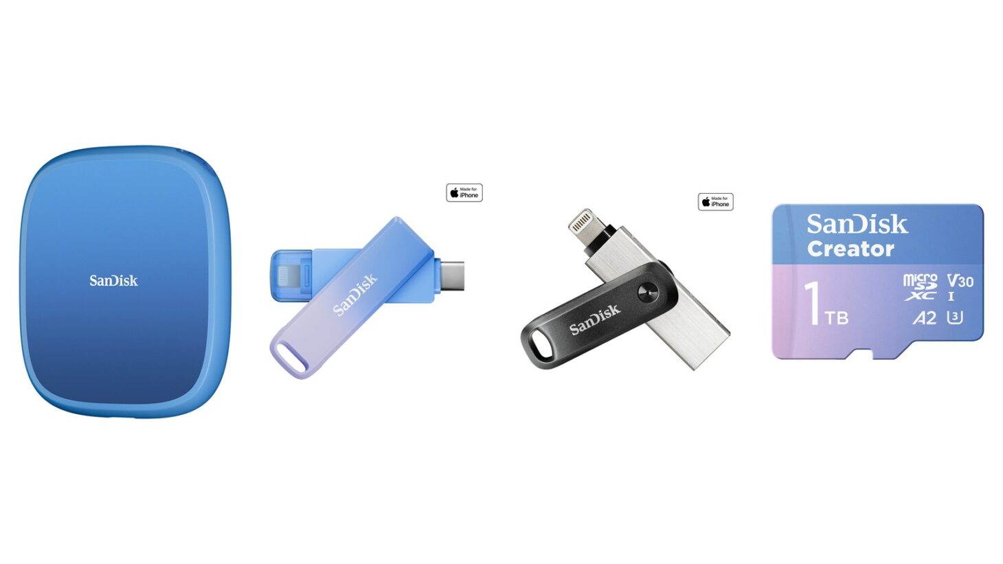 サンディスクのCreator Phone SSD、Creator Phone Drive、iXpand Flash Drive Go、Creator microSDカード1TBを横に並べた画像