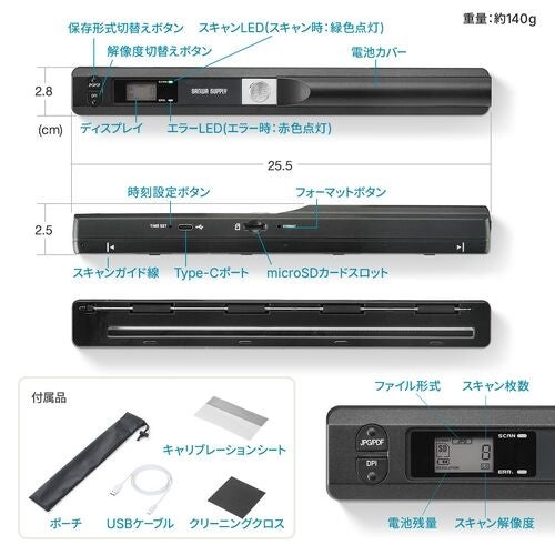 400-SCN071の各部の名称とサイズ、ポーチ・USBケーブル・キャリブレーションシート・クリーニングクロスの付属品