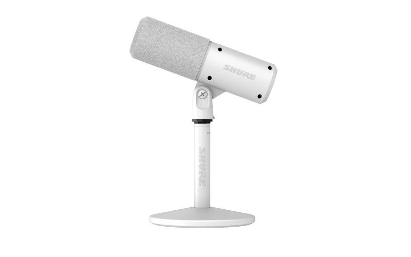 Shure MV6 Gen 2のホワイトモデル(MV6G2-W-J)の製品画像。白いマイク本体を白い丸形デスクトップスタンドに取り付けた状態