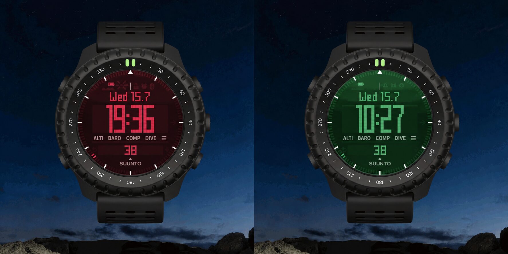 Suunto Core 2のバックライトをレッドに切り替えた画面とグリーンに切り替えた画面を並べた画像