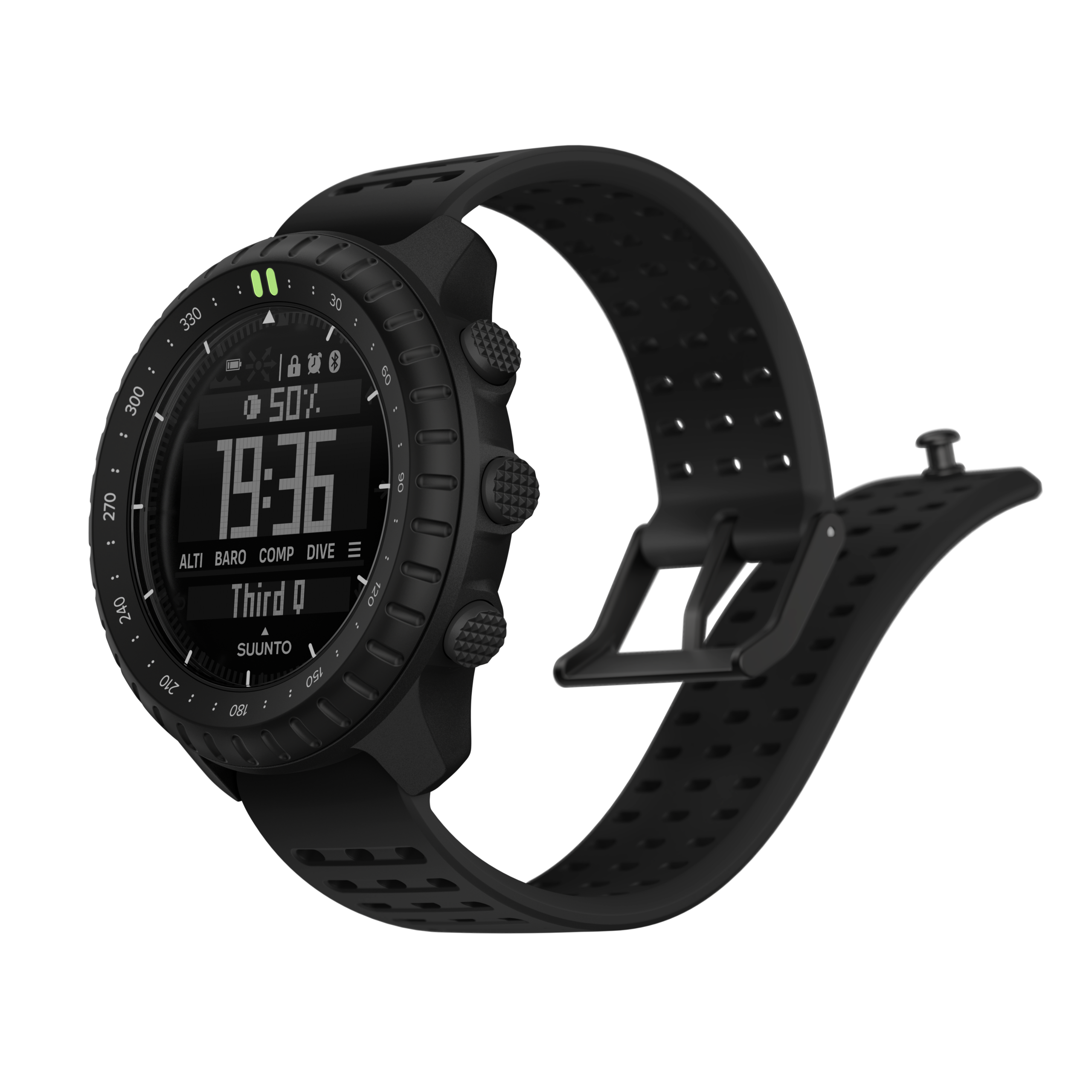 白背景に置いたSuunto Core 2本体とシリコンストラップの製品画像