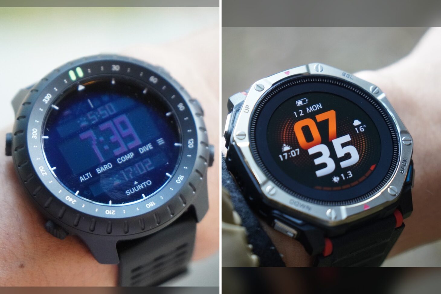 左の腕に着けたSuunto Core 2と、右の腕に着けたAmazfit T-Rex Dual Solarを並べた写真
