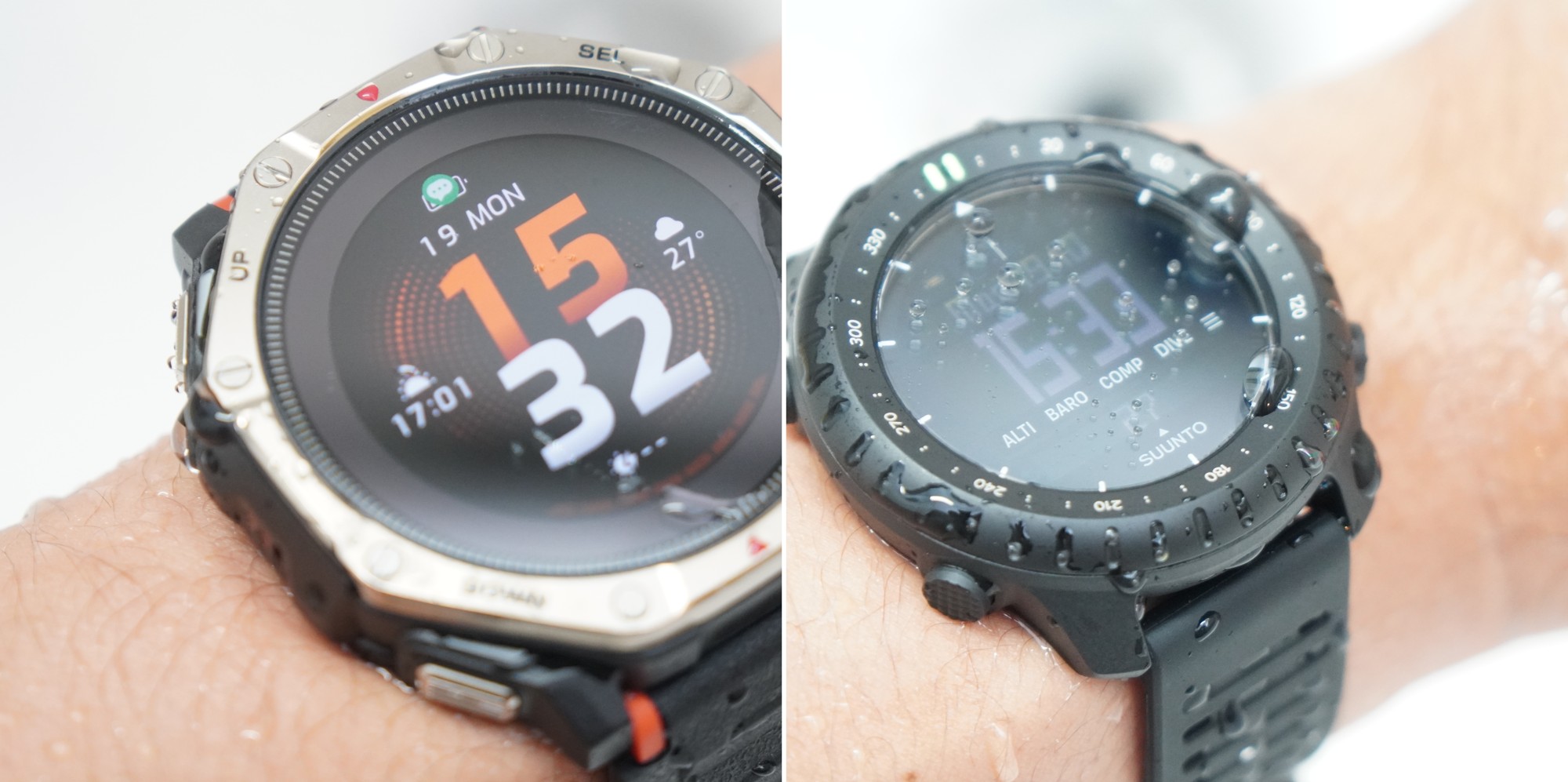 水をかけたあとのAmazfit T-Rex Dual Solar(左)とSuunto Core 2(右)。どちらも水滴の付いた画面に時刻が表示されている