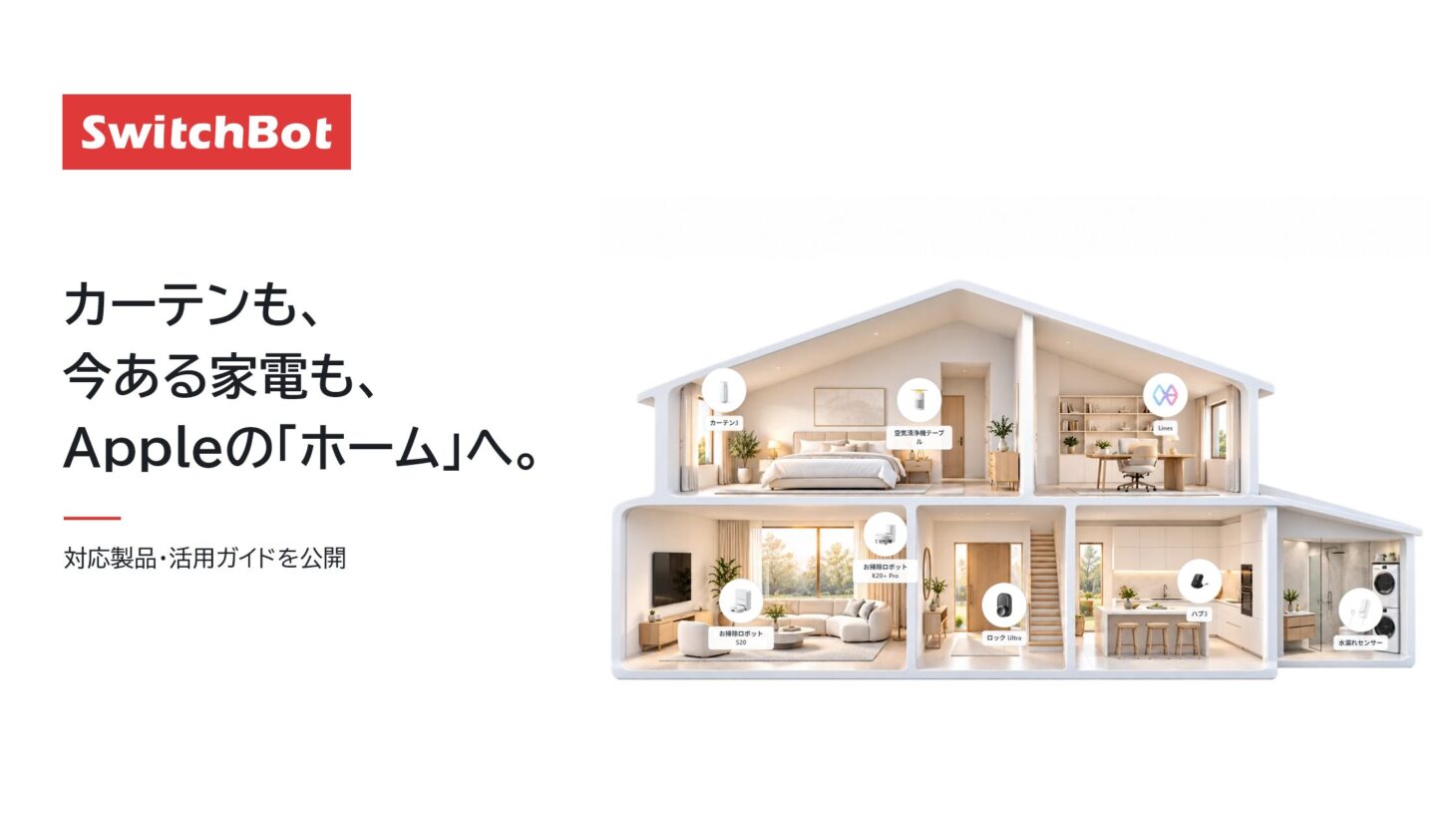 SwitchBotの製品を配置した家のイラストと「カーテンも、今ある家電も、Appleの「ホーム」へ。」のコピー