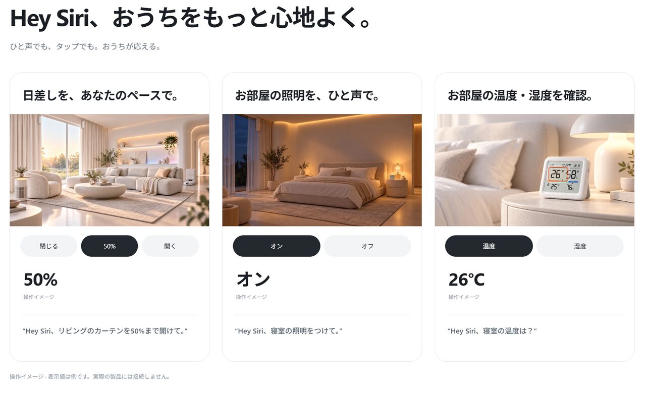 SiriでSwitchBotのカーテンを50%開ける、寝室の照明をつける、温度を確かめる操作のイメージ