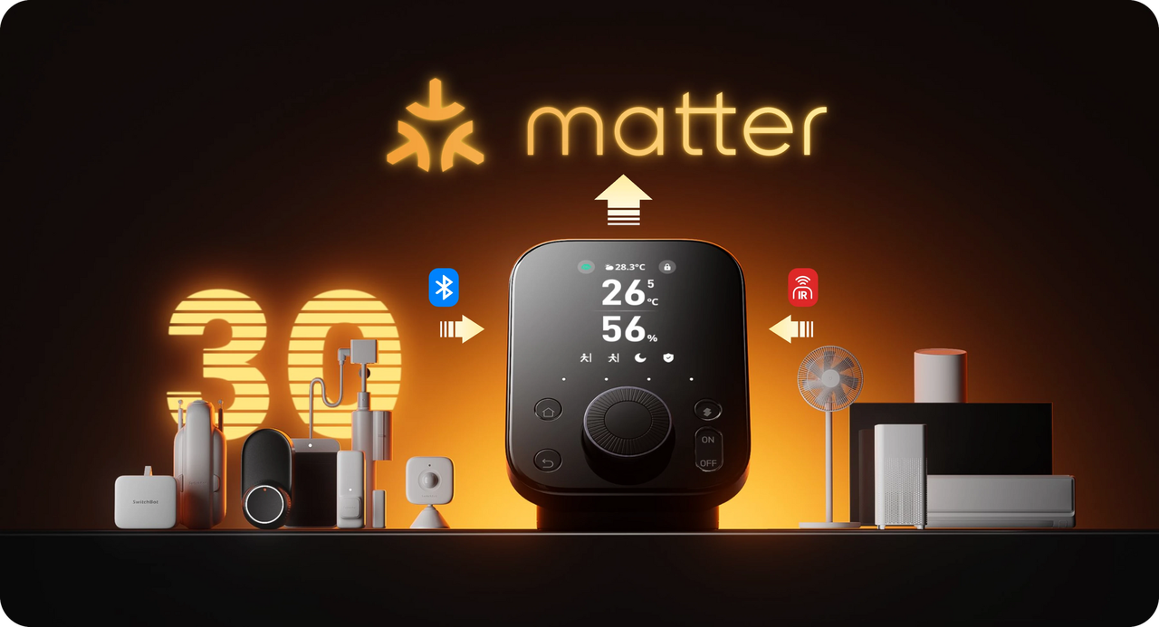 SwitchBot ハブ3を中心に、SwitchBot製品や赤外線リモコンで動く家電をMatterでつなぐイメージ