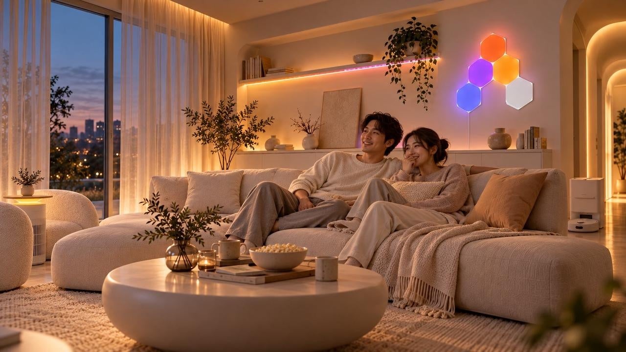 Nanoleafの照明とカーテンを暗くしたリビングで映画を観る2人のイメージ