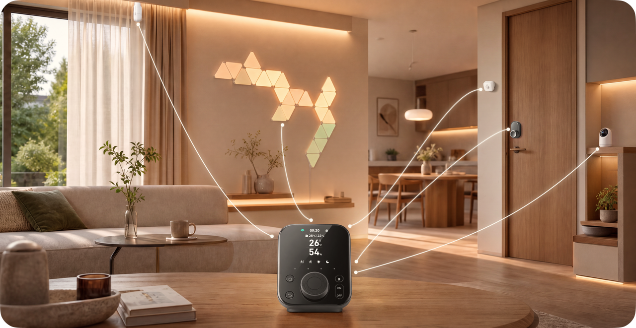 SwitchBotのハブから部屋の照明やNanoleafのパネルをまとめて操作するイメージ