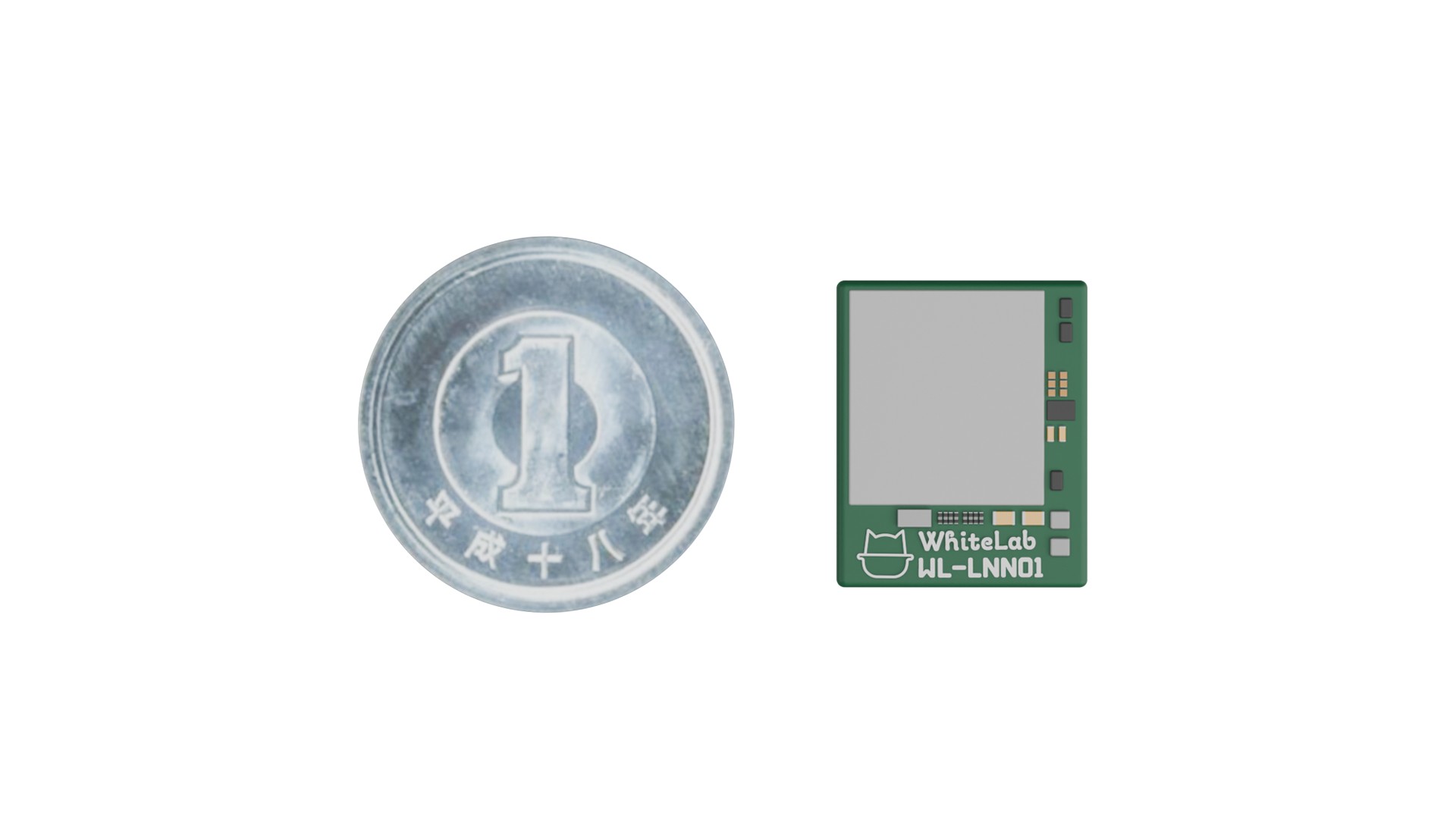 1円玉の横に並べたIoTゲートウェイ「センサーコネクトII」の基板。1円玉より小さい