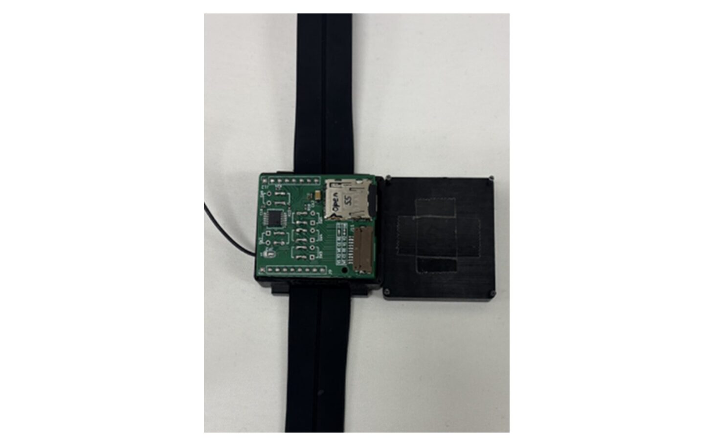 東京理科大学の研究グループが作った腕時計型の汗イオンセンサー。ベルトに付いた基板とmicroSDスロットが見える