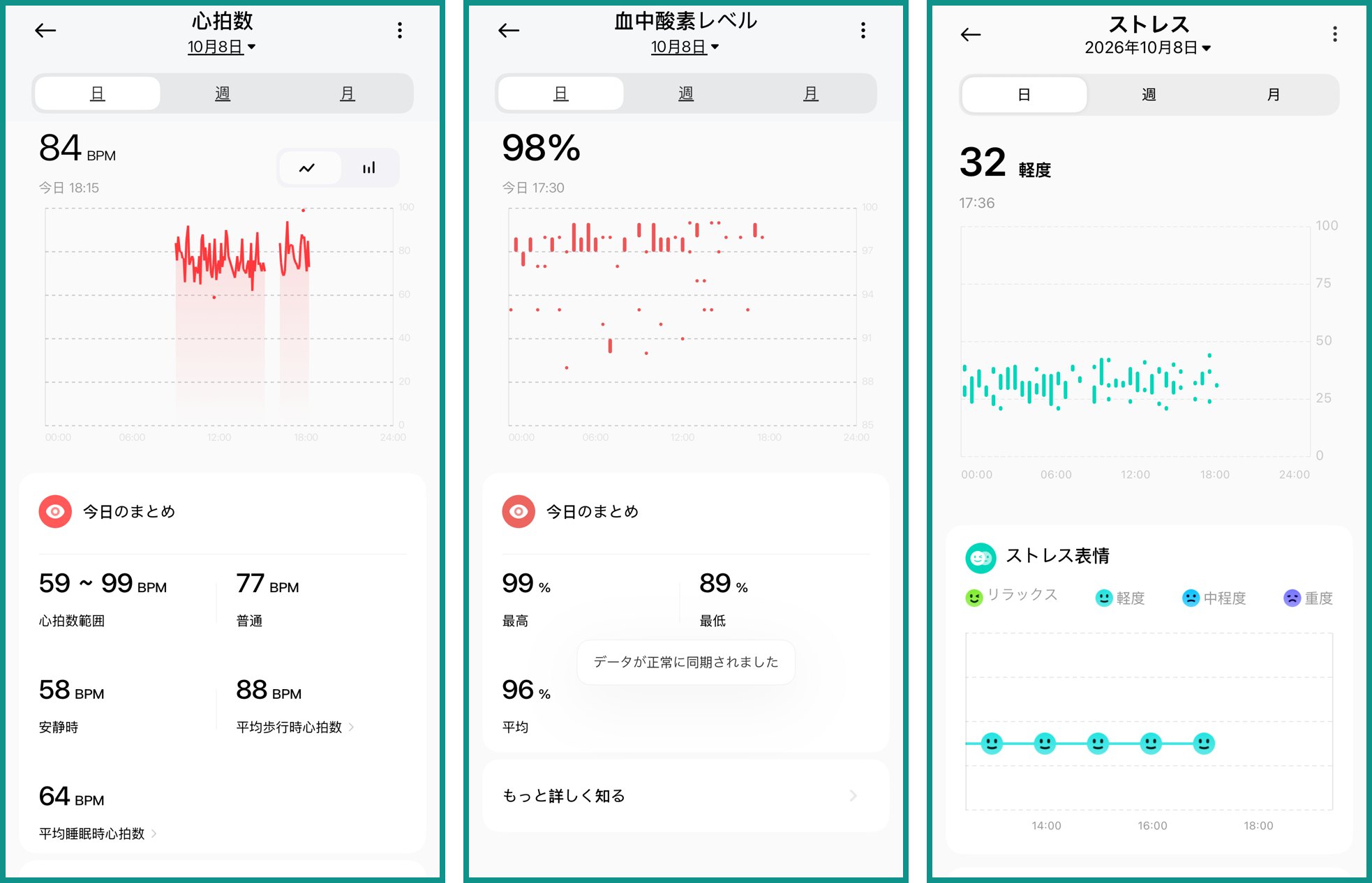 Mi Fitnessアプリの10月8日の記録3枚。心拍数は59〜99BPMで安静時58BPM、血中酸素は平均96%、ストレスは32で軽度