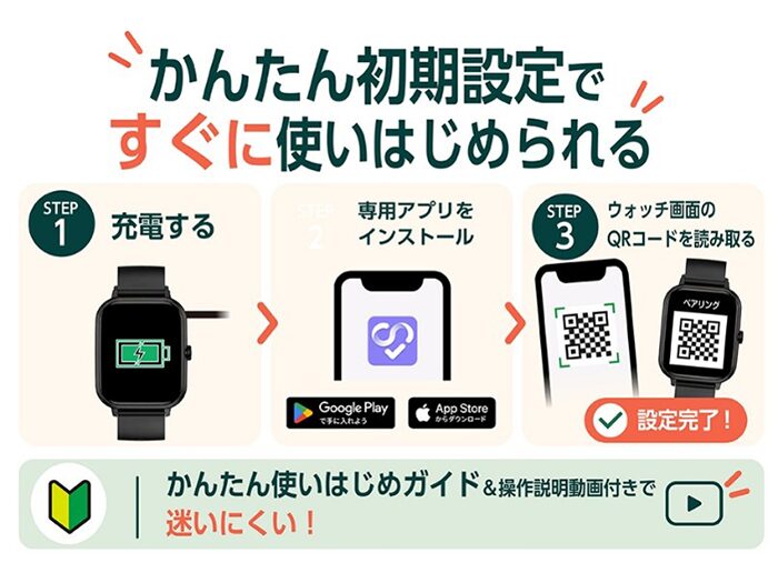スマートウォッチ03の初期設定の流れ。充電、専用アプリのインストール、ウォッチ画面のQRコードの読み取りの3ステップ