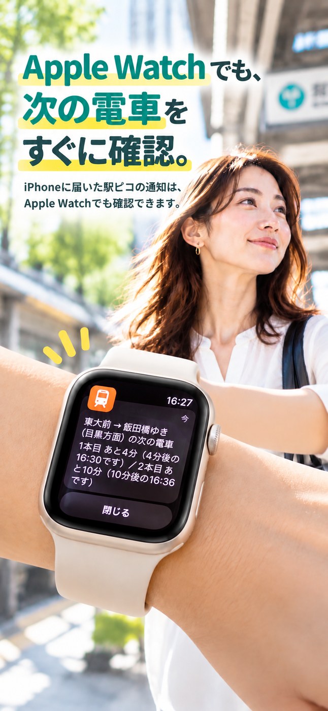 手首のApple Watchに、駅ピコの「東大前→飯田橋ゆき 1本目あと4分」という次の電車のお知らせが表示されている紹介画像