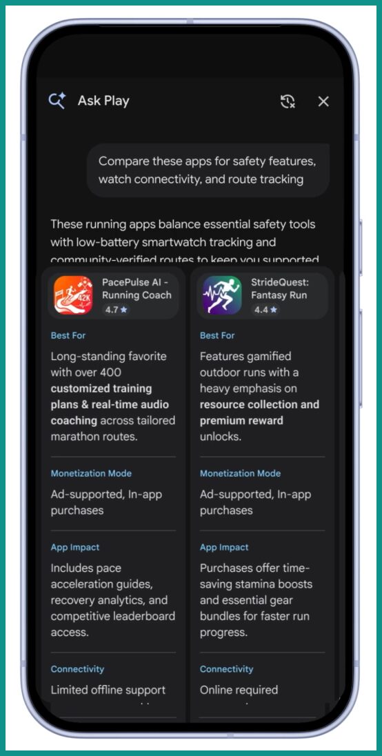 Google PlayのAsk Playで、2つのアプリの違いと評判を横に並べて比べている画面