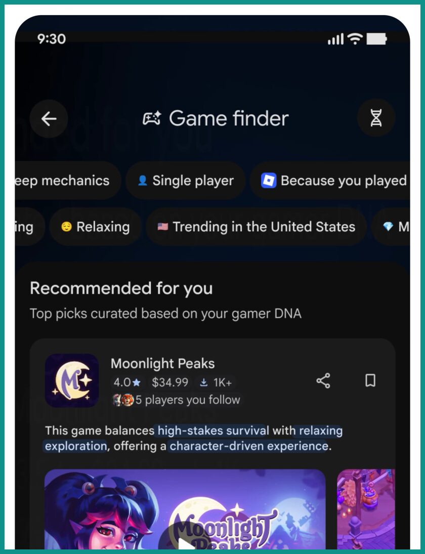 Gamer DNAをもとにおすすめのゲームを表示するGoogle PlayのGame Finderの画面