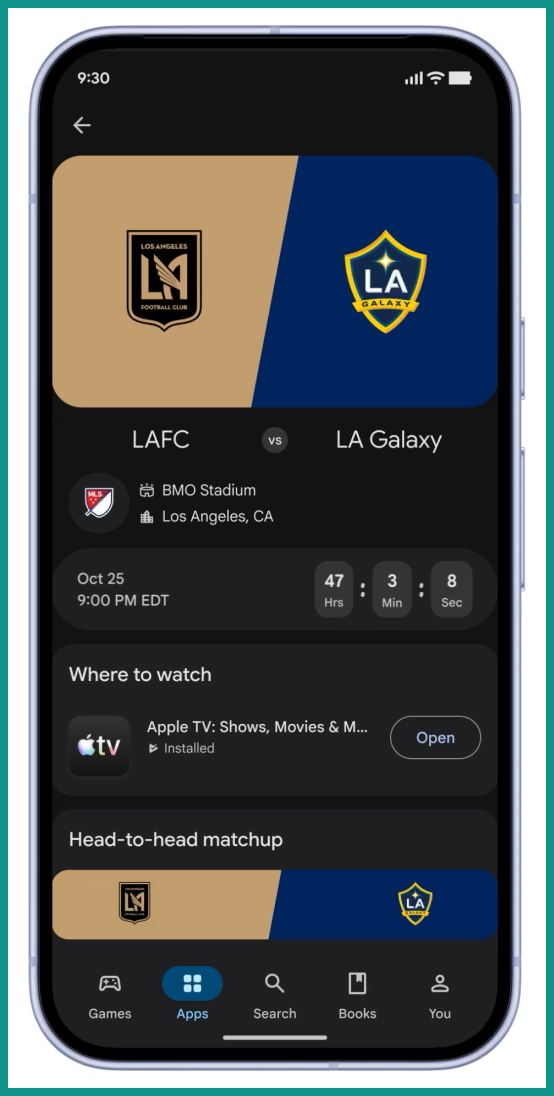 サッカーの試合経過と視聴できるアプリを表示するGoogle Playのスポーツのトピックページ