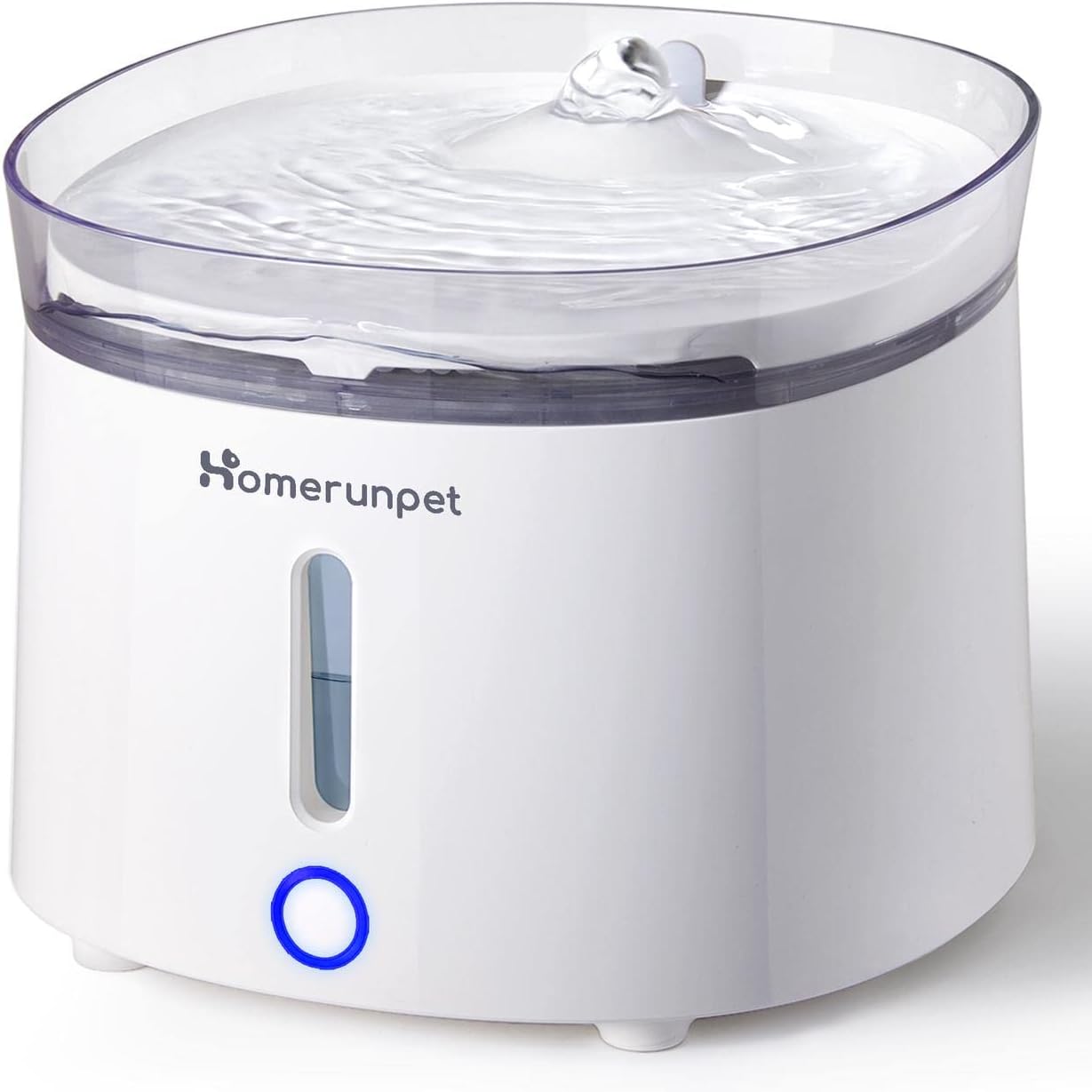homerunPET ペットウォーターファウンテンの製品画像。白い本体と透明な内部タンク、正面の水位窓とボタン