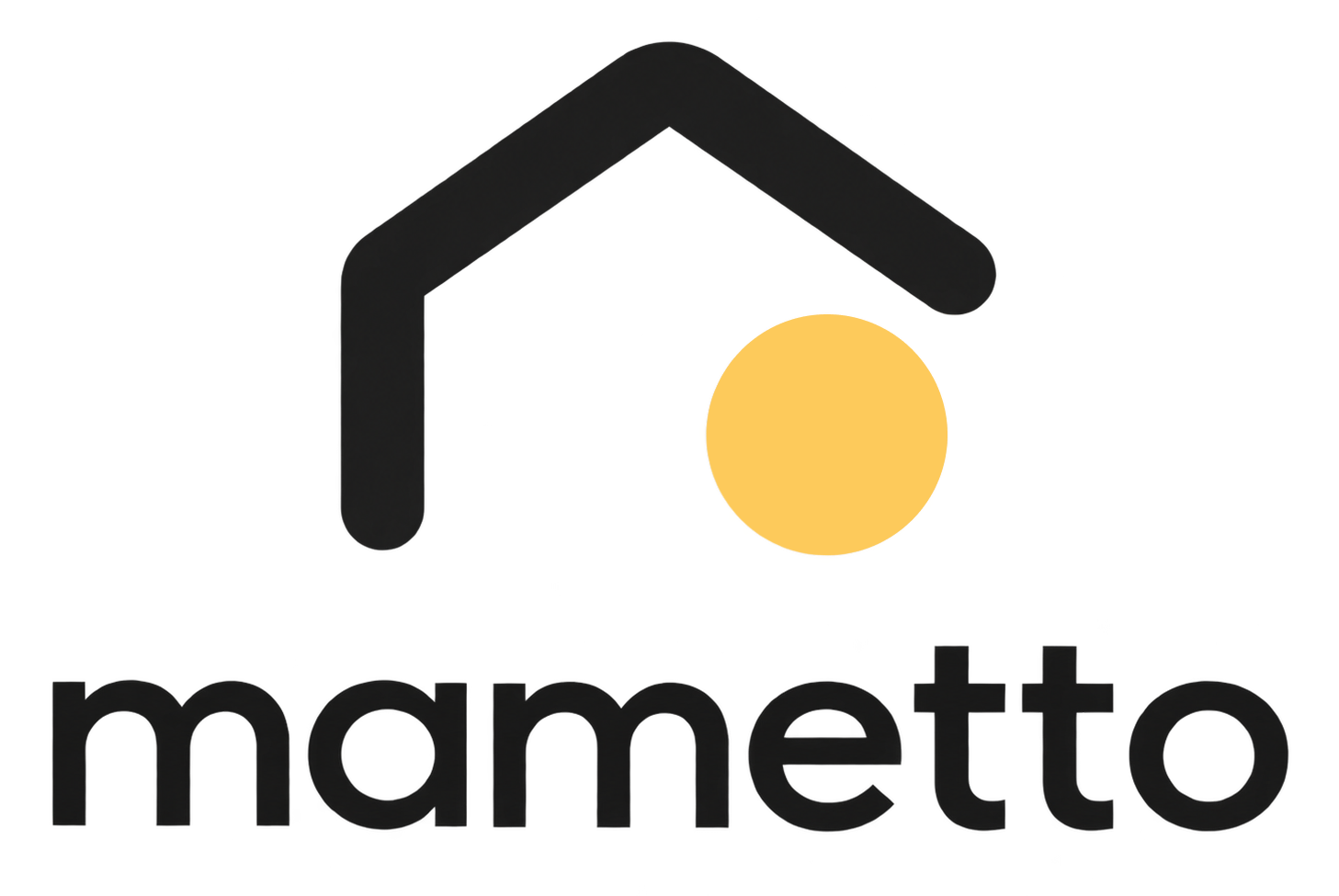株式会社mamettoのロゴ。家の屋根の線と黄色い丸の下にmamettoの文字