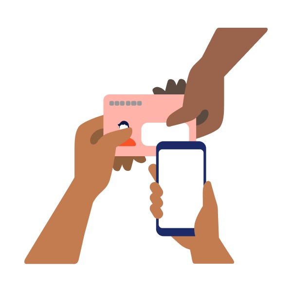 差し出されたマイナンバーカードを、スタッフがスマートフォンのアプリで確認する様子のイラスト