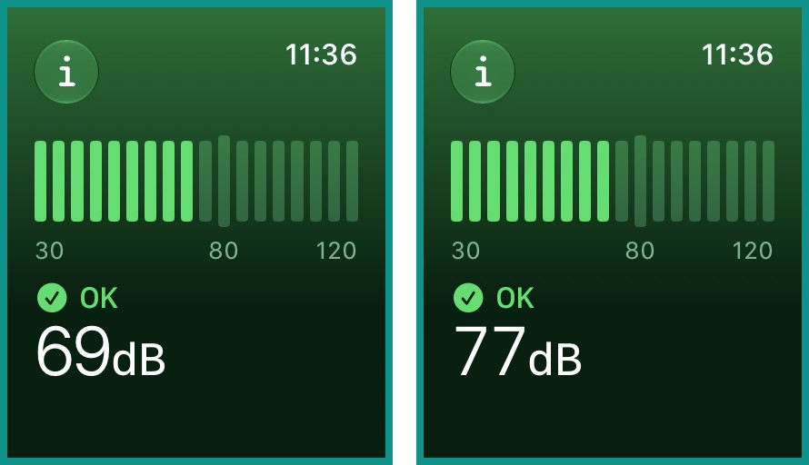 Apple Watchのノイズアプリで測ったWINBOT mini 2の動作音。左が69dB、右が77dB